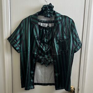 Lively Ghosts “Foolish Mortals” Green and Black Striped Satin Pajama Set Large